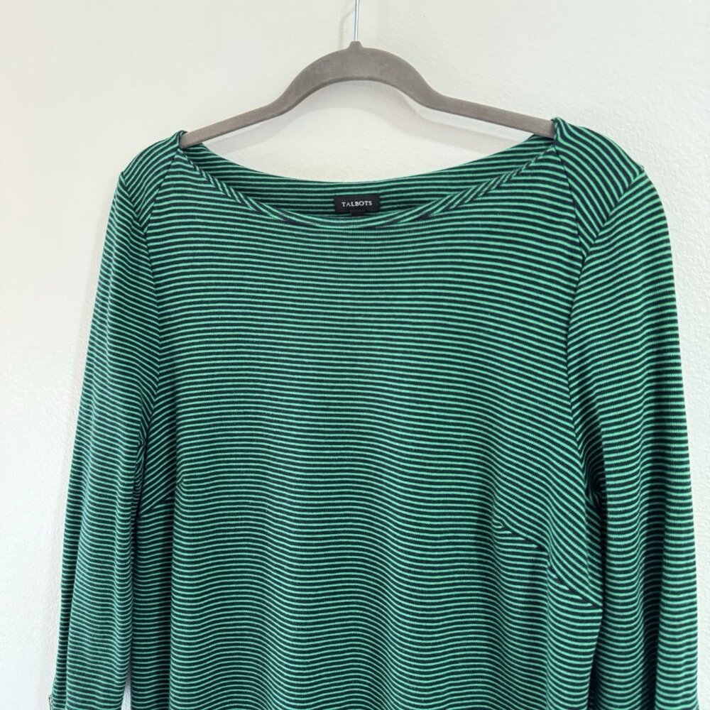 Talbots Shirt Dress XL Striped Green Blue Nautical Zipper Boatneck Cotton Beach - Picture 2 of 8